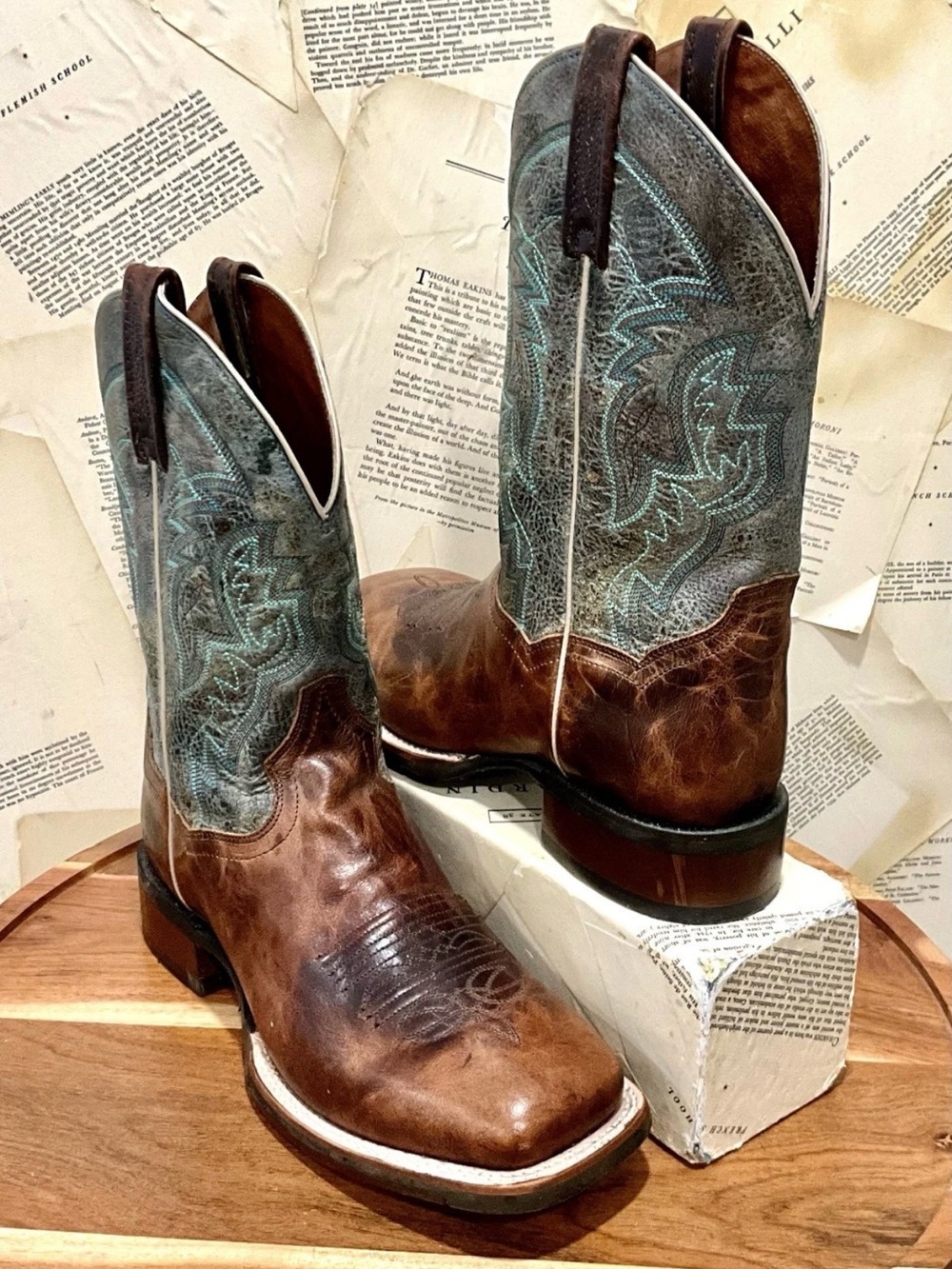 Dan Post Square Toe DP3387 Brown Teal Leather Western Boots Men 9.5D